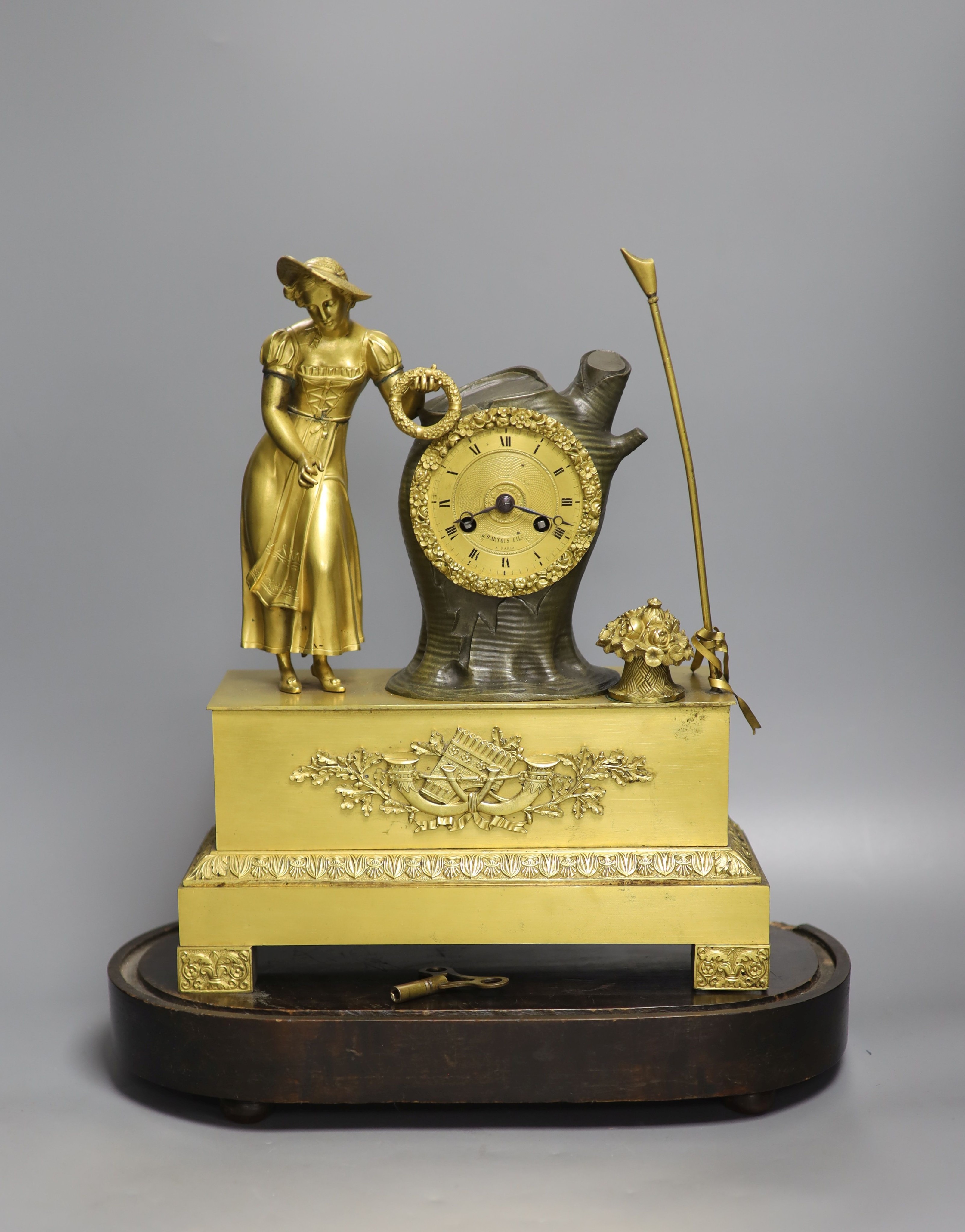 A 19th century ormolu and bronze mantel clock by D Artois, Paris under dome 44cm incl dome